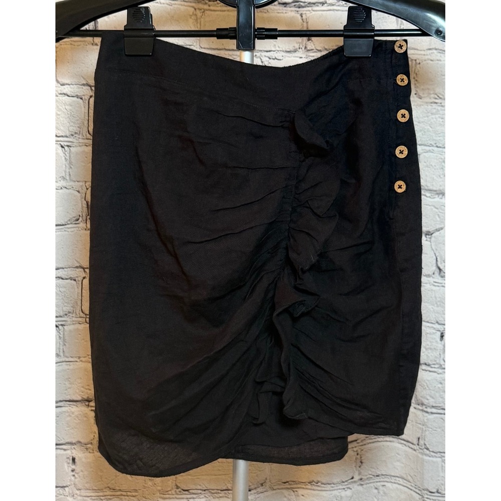 Free People Black Ruffled Mini Skirt Side Button Cotton Rayon Womens Size S‎